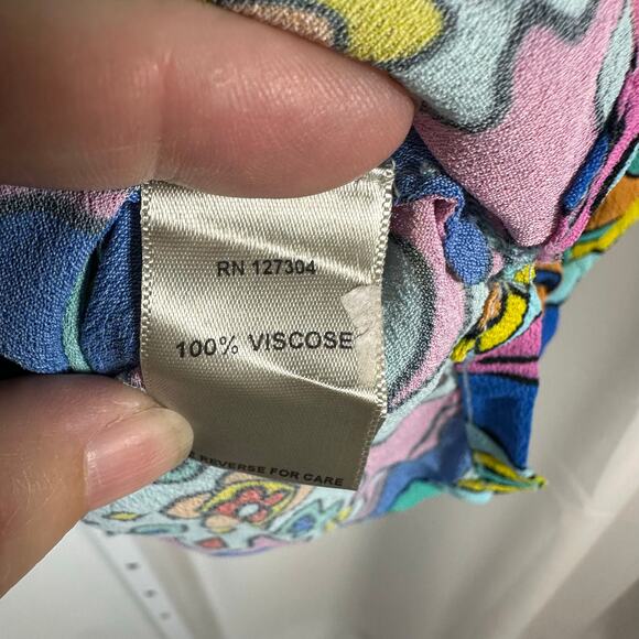 John Mark‎ Pink Blue Geometric Floral V-neck Blouse M Colorful Retro Boho Artsy - Picture 8 of 10